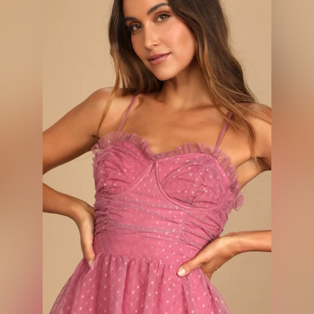 Lulus Sweetheart Style Mauve Polka Dot Bustier Tiered Midi Dress Sz Large - Picture 2 of 4